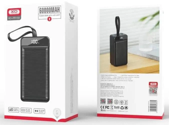 Универсальная мобильная батарея XO PR159 60000mAh PD20W+QC22.5W (Черный) Винница - изображение 7