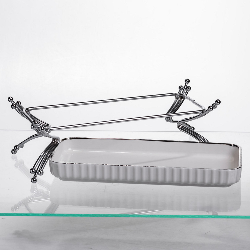 Порцелянове блюдо для сервірування на металевій підставці 37×18×5 (см) блюдо для подачі закусок Білий зі сріблом LB-1566S Київ - фото 4