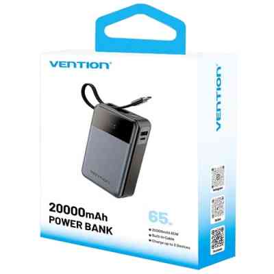 Батарея універсальна Vention 20000mAh 65W 3A PD, QC/3.0, USB-A, Type-C OUT, with Built-in USB-C Cable, LED Display (FHYB0) Вінниця