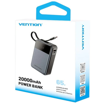 Батарея универсальная Vention 20000mAh 65W 3A PD, QC/3.0, USB-A, Type-C OUT, with Built-in USB-C Cable, LED Display (FHYB0) Винница - изображение 2
