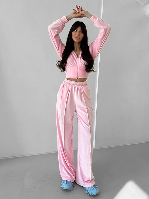 Жіночий прогулянковий костюм-двійка: кофта на блискавці та штани з велюру Рожевий, 42/44 Одеса - фото 1