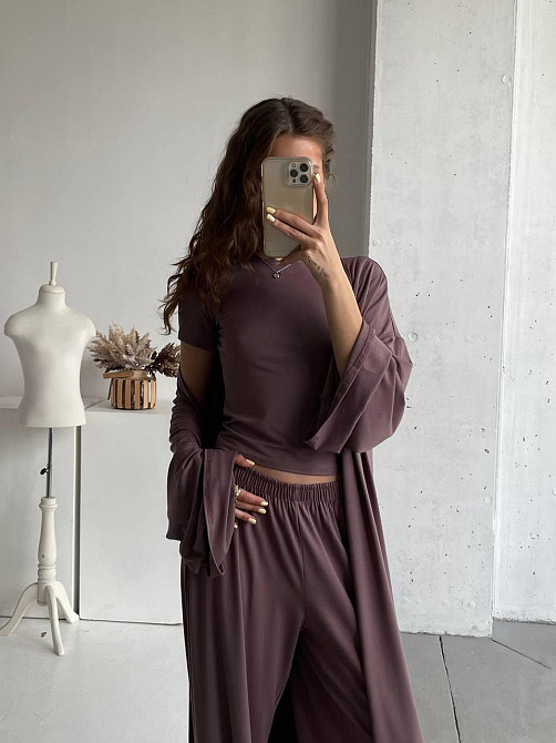 Жіночий базовий прогулянковий костюм трійка: кімоно + футболка + палаццо турецька натуральна віскоза Одеса - фото 1