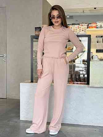 Женский костюм в рубчик с широкими штанами Бежевый M/L Харьков