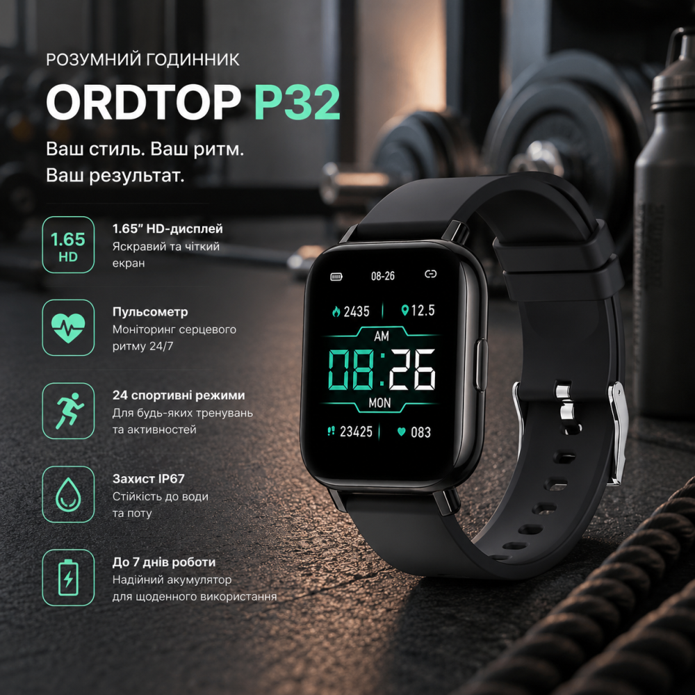 Розумний годинник Ordtop P32: 1.65" HD-дисплей, фітнес-трекер, пульсометр, 24 спортивні режими та захист IP67 Київ - фото 5