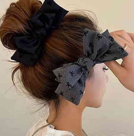 Заколка бант для волос на крабе, тканевая заколка бант черная и серая, набор 2 шт Киев