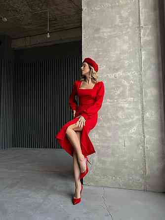 Женское вечернее элегантное миди платье с разрезом костюмка класса люкс Красный, 44/46 Одесса