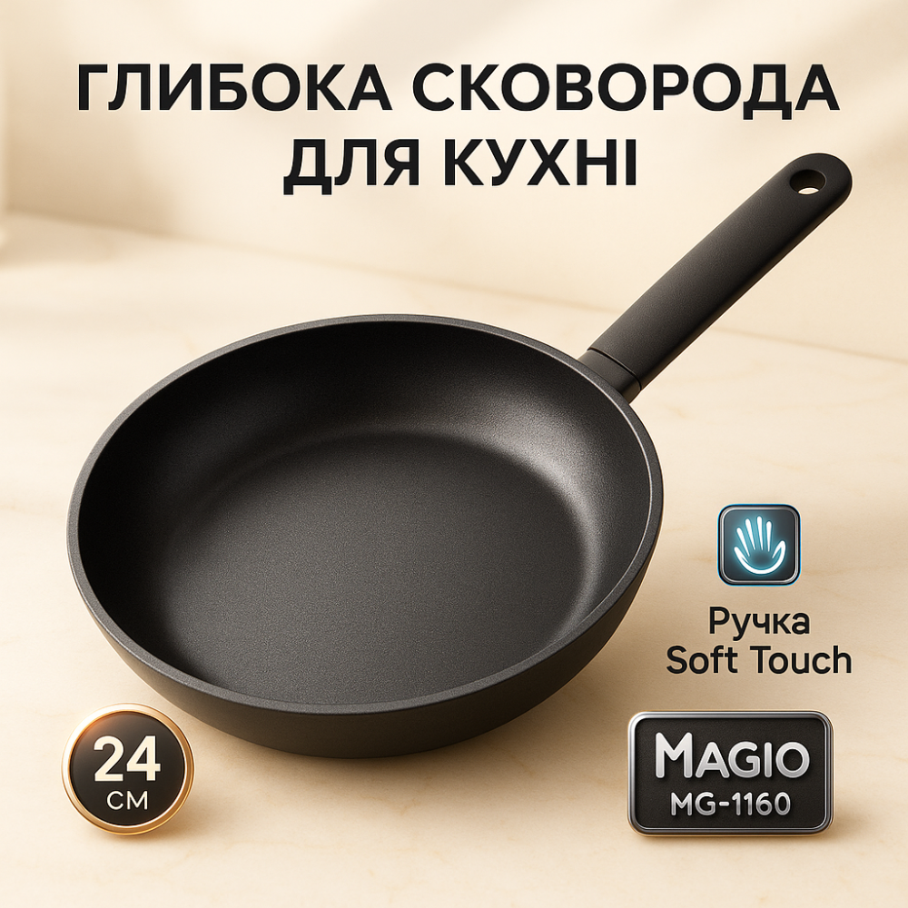 Стильная черная сковорода для кухни MAGIO MG-1160 24 см, Алюминиевая сковорода для готовки на индукции AI-40 Львов - изображение 15