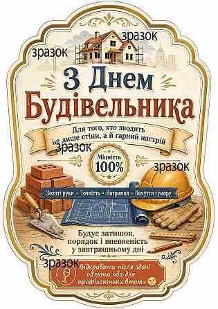 Комплект етикеток на пляшку “З Днем будівельника” — подарункова етикетка будівельнику, майстру, прорабу Одеса