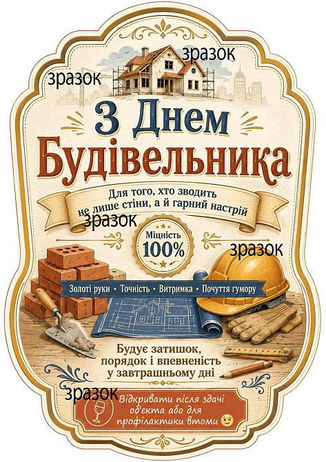 Комплект етикеток на пляшку “З Днем будівельника” — подарункова етикетка будівельнику, майстру, прорабу Одеса - фото 1