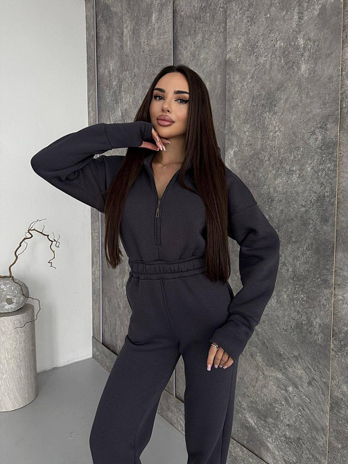 Женский теплый повседневный комбинезон с капюшоном трехнить на флисе Графит, 42/46 Одесса - изображение 3