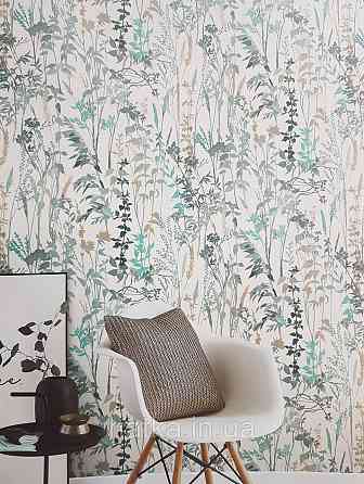 Винілові на флізелін Eristmann Casyal Chic 1.06x10 листя рослини бірюзові сірі на білому 10258-18 Київ