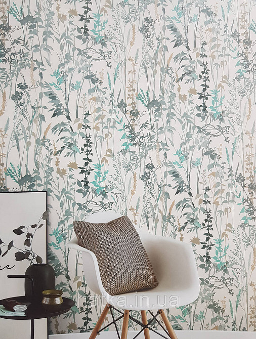 Винілові на флізелін Eristmann Casyal Chic 1.06x10 листя рослини бірюзові сірі на білому 10258-18 Київ - фото 2