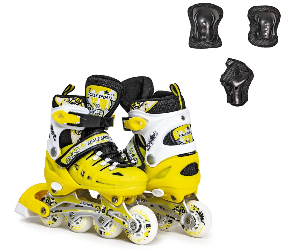 РОЛИКИ раздвижные + КОМПЛЕКТ ЗАЩИТЫ (на колени, локти и ладони) Scale Sports желтые, размер 29-33 Одесса - изображение 1