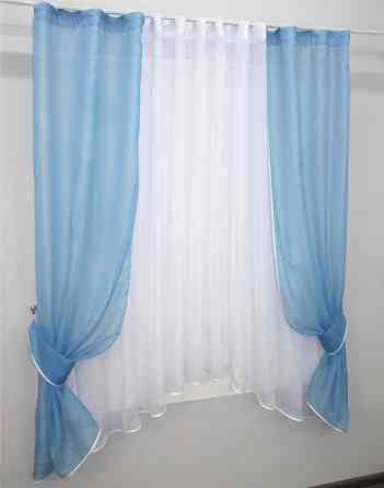 Кухонний комплект VR-Textil № 051к тюль і шторки з підв'язками блакитний з білим 280х170 см (52-0561) Київ