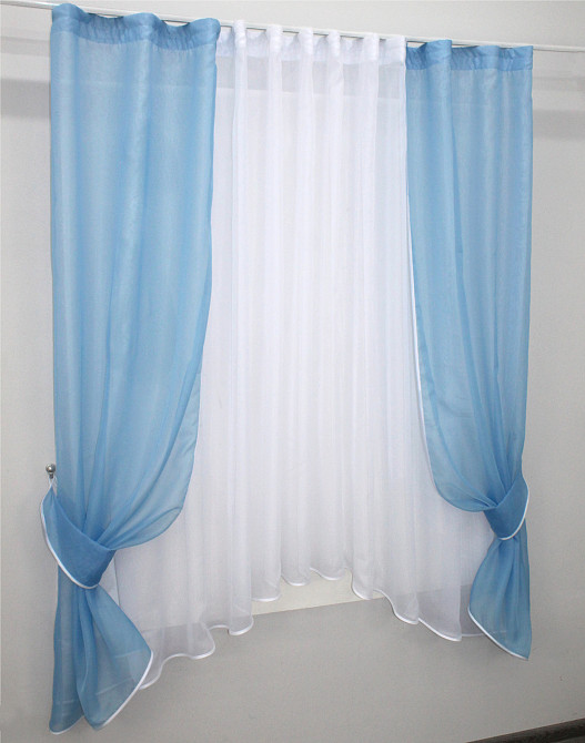 Кухонний комплект VR-Textil № 051к тюль і шторки з підв'язками блакитний з білим 280х170 см (52-0561) Київ - фото 2