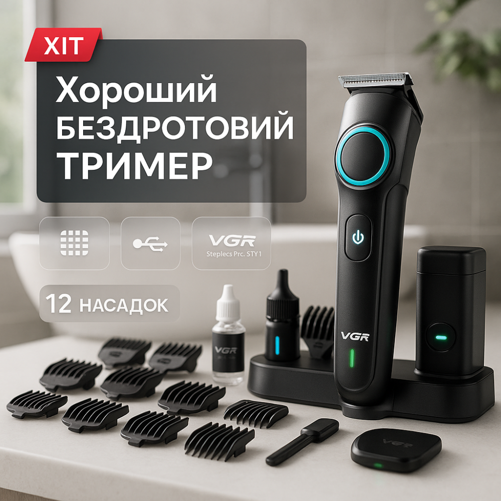 Бездротовий тример для стрижки волосся, Чоловічий набір для стрижки волосся бездротовий FP-95 Львів - фото 11