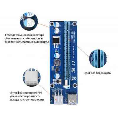 Райзер PCI-E x1 to 16x 60cm USB 3.0 Cable SATA to 6Pin Power v.006C Dynamode (RX-riser-006c 6 pin) Вінниця