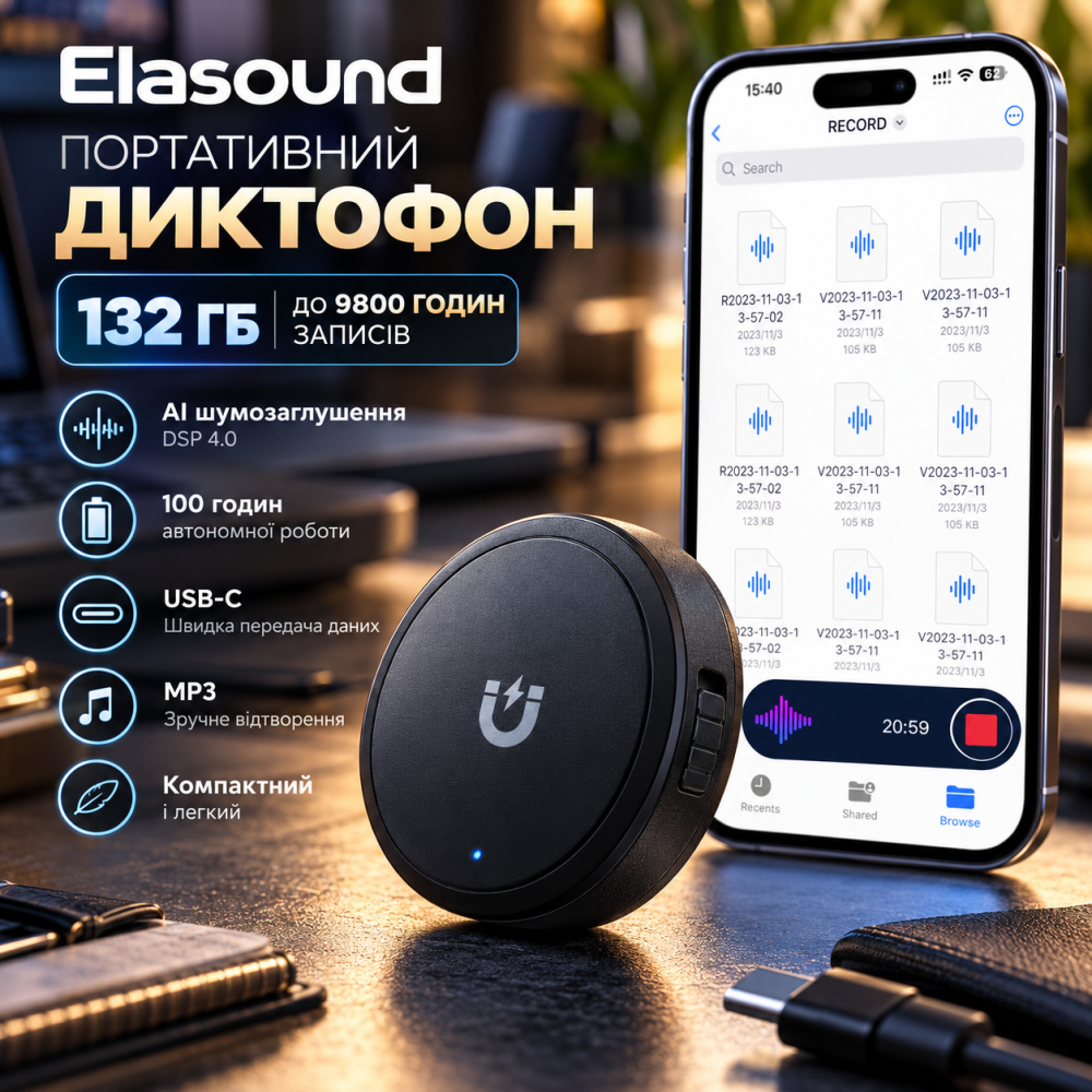 Диктофон Elasound 132 ГБ, до 9800 ч записей, тройное AI шумоподавление DSP 4.0, 100 ч автономности, USB-C, MP3 Киев - изображение 1