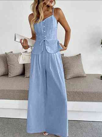 Женский летний брючный костюм двойка: топ и брюки лён Голубой, 46/48 Одесса