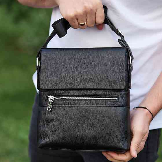 Чёрная кожаная мужская сумка через плечо Tiding Bag Киев
