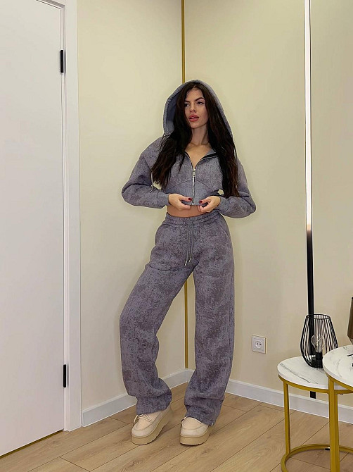 Женский теплый прогулочный костюм двойка турецкая трехнить варенка на флисе Серый, 44/46 Одесса - изображение 4