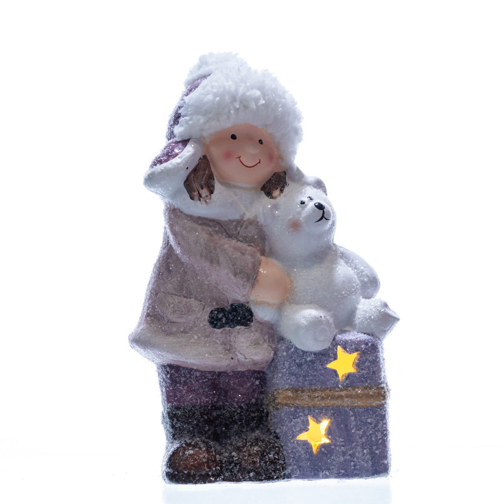 Yiwu Новорічна фігурка з підсвіткою Дівчинка з ведмежам із фарфору 12×7×20 (см) новорічний деко Коломия - фото 2