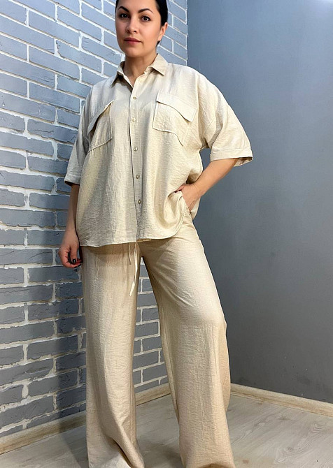 Костюм женский Mix Ray 4218 ткань жатка рубашка на пуговицах карманы и широкие брюки на резинке бежевый, бежевый, S Киев - изображение 13