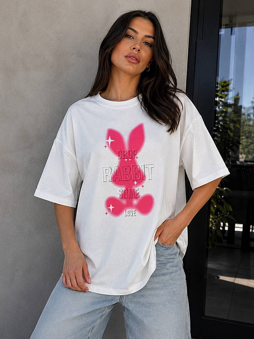Футболка женская YIGOU 17 RABBIT oversize удлиненная с принтом кролик one size, белый, one size Киев - изображение 13