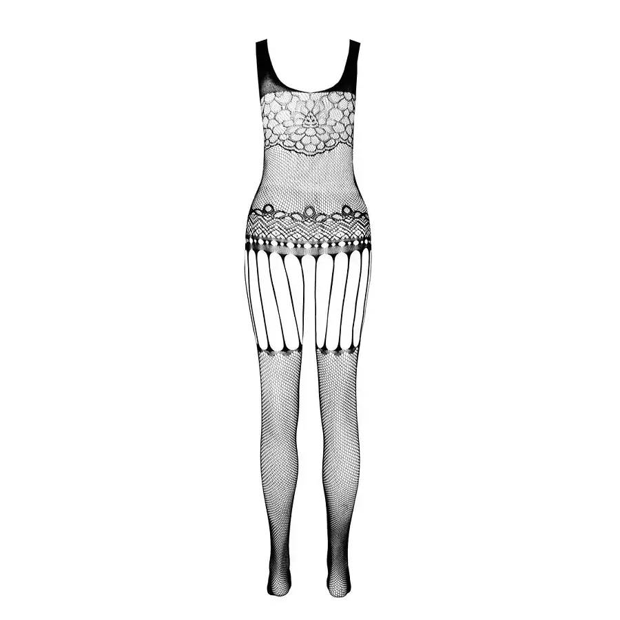 Бодістокінг Passion ECO BS001 One Size black, з доступом, імітація підв’язок, флористичний декор Львів - фото 4