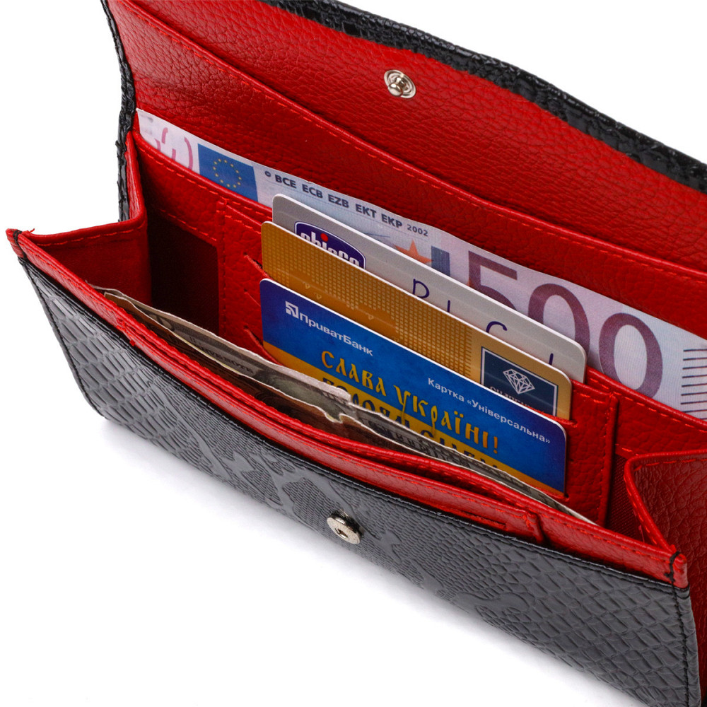 Фактурное женское лакированное портмоне из натуральной кожи с тиснением под змею CANPELLINI 21700 Черное Киев - изображение 6