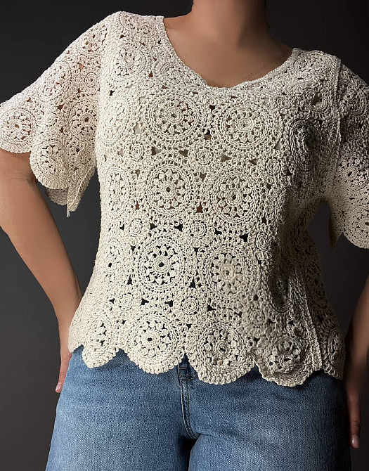 Блузка женская A-N 5303 кружевная вязаная с коротким рукавом, бежевый, one size Киев - изображение 10