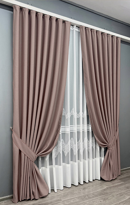 Комплект штор VR-Textil рогожка преміум TERRA LUXE 150х270 2шт і Тюль 400х270 1863ш-1704т Пудровий з білим 71-112/3 Київ - фото 2