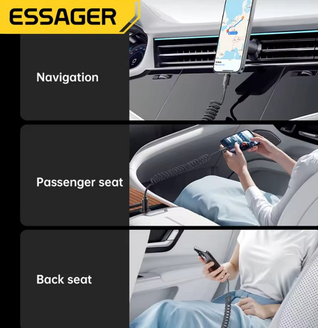 Кабель пружинний Essager Type-C to Type-C 100W PD швидка зарядка і передача даних (1.8м) Миколаїв - фото 3