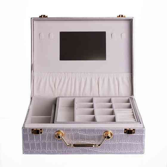 Скринька для прикрас з еко шкіри 19 відділень з дзеркалом 23.5×14×8 см Сірий HP-5-20G Коломыя