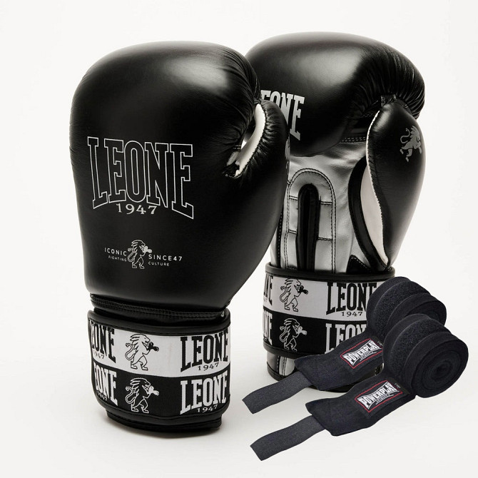 Боксерські рукавиці Leone GN208 ICONIC Black 12 унцій (бинти 4 м. в комплекті) Кам'янське - фото 1