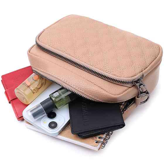 Модная женская сумка прошитая ромбами на лицевой стороне из натуральной кожи Vintage 22637 Бежевая Киев