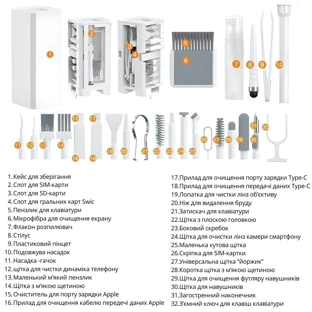 Комплект для чистки гаджетов в кейсе 32в1,набор щёток для чистки электроники, наушников,клавиатур,черный Каменец-Подольский - изображение 9