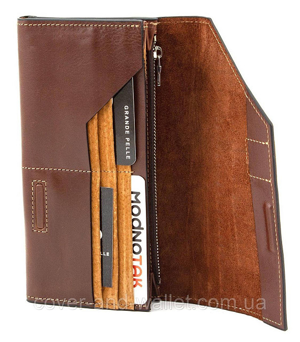 Коричневий гаманець великого розміру з гладкої шкіри на магнітній застібці Grande Pelle Festa 513623 Київ - фото 7