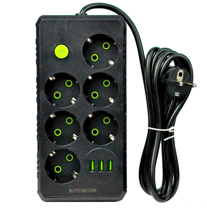 Подовжувач мережевий UA Power F17U 3USB на 6 розеток, 2 м, чорний Вінниця - фото 1