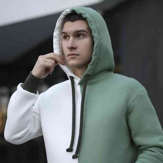 Молочное худи с цветными вставками мужское Pobedov 1touch. Худи мужское зима Киев