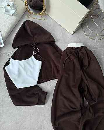 Жіночий теплий прогулянковий костюм - трійка: укорочена кофта, топ та штани у стилі оверсайз двухсторонній фліс + мікродайвінг Одеса