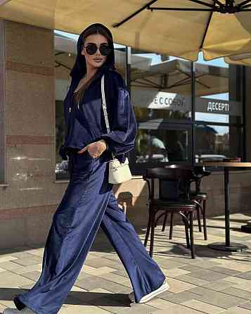 Женский стильный повседневный костюм тройка (кофта+штаны+топ) велюр спорт Темно-синий, 46/48 Одесса