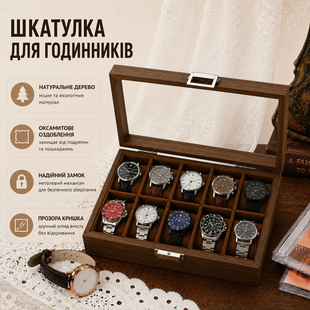 Скринька для зберігання годинників органайзер на 10 відділень дерев'яна з прозорим вікном, футляр органайзер для наручних Кам'янець-Подільський - фото 8