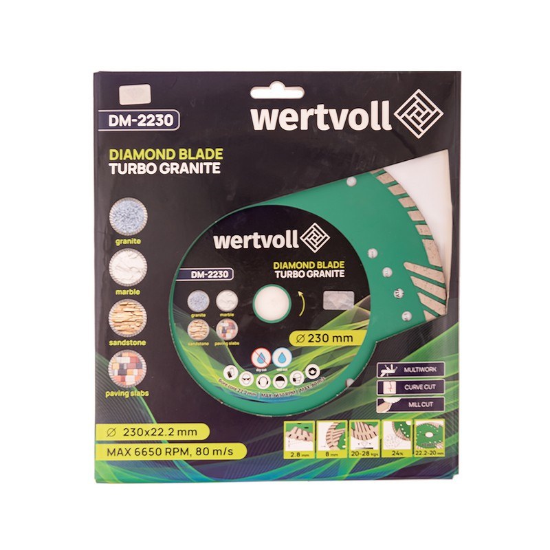 Диск алмазний WERTVOLL TURBO GRANITE 230×3 мм 24% висота алмазного шару 8 мм адаптер 22.2-20 мм 6650 об/хв DM-2230 Коломия - фото 4