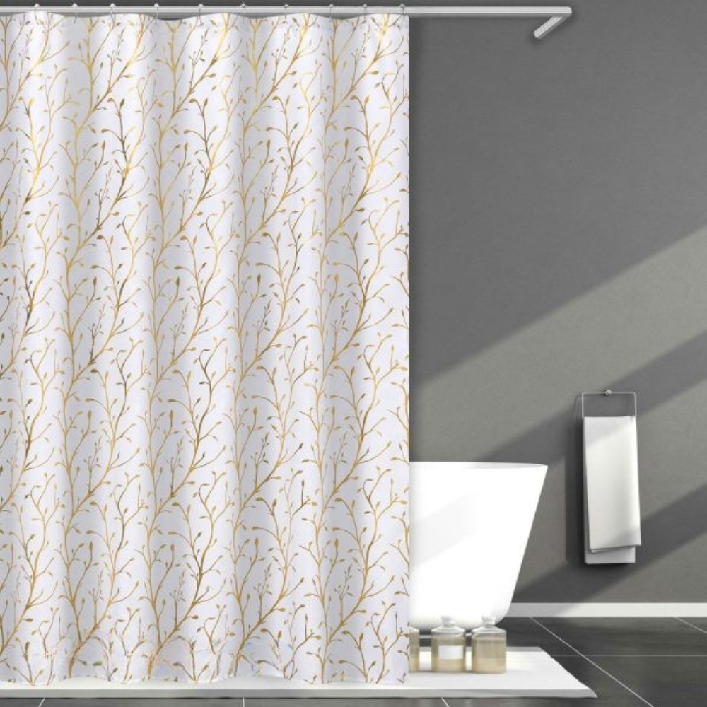 Шторка для ванной и душа 180x180 см,занавеска для ванной комнаты с крючками,белая с золотистистым узором Каменец-Подольский - изображение 1