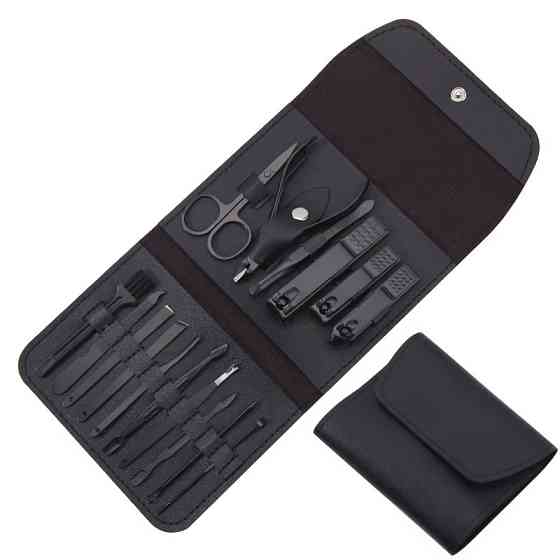 Набор для маникюра педикюра в кейсе ножницы, пилочка,пинцет, в наборе 16 шт черный Каменец-Подольский