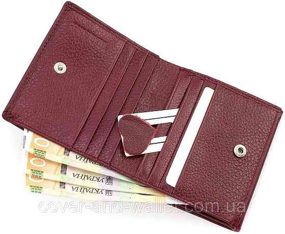 Маленький бордовий жіночий шкіряний гаманець з монетницею на кнопці ST Leather 219 Київ