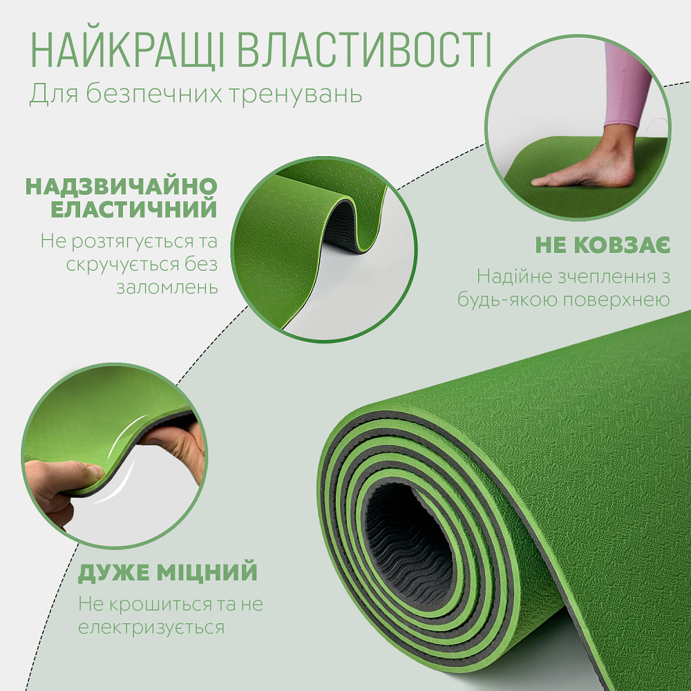 EasyFit Килимок для йоги та фітнеса EasyFit TPE+TC 6мм двошаровий + Чохол зелений з чорним Коломыя - изображение 3