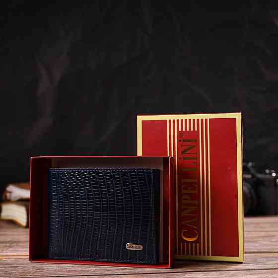 Фактурный стильный кошелек для мужчин без застежки горизонтального формата из натуральной кожи с тиснением Синий (CANPELLINI) Киев