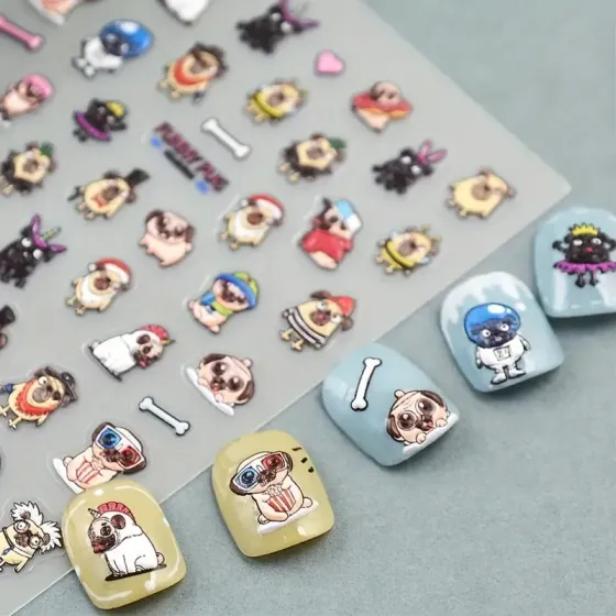 5D-поліуретанові наліпки для нігтів «Мопси» — аркуш 8×9,6 см Київ